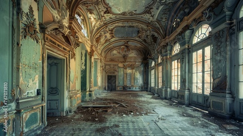 This is an image of a grand hall in an abandoned mansion. The hall is in disrepair, with the paint peeling from the walls and the furnitureç ´è´¥ä¸å ª.