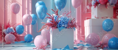 Using blue balloons and lettering, this 3d illustration depicts a gender reveal party. photo
