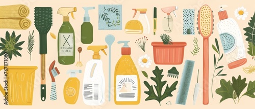 Set of Household cleaning supplies symbols in flat hand drawn style. Cartoon illustrations showing buckets and chemistry. Graphic concept for mobile applications, banners, and websites. photo