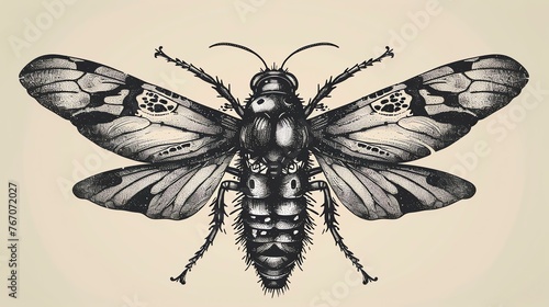 A black and white illustration of a moth with intricate details. The moth has its wings spread out and its antennae are raised. photo