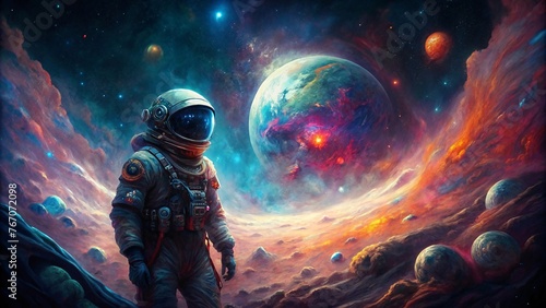 colorful illustration astronaut in outer space against the background of planets and stars. © Ajay