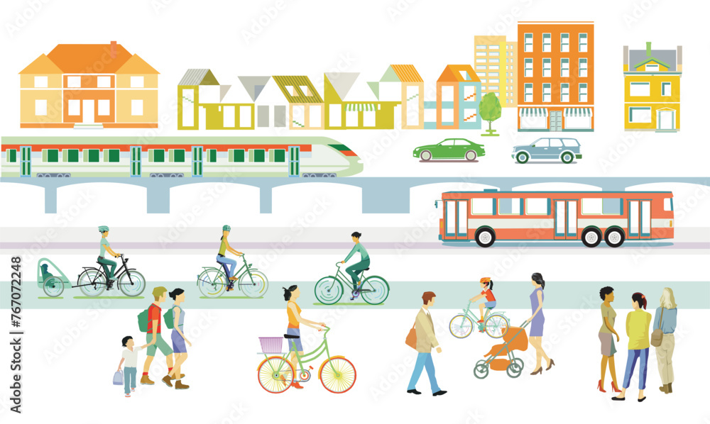 Stadtbus und  schienenverkehr, mit Fußgänger im Ort, Illustration