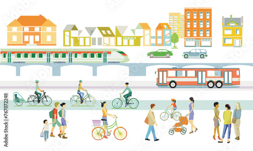 Stadtbus und  schienenverkehr, mit Fußgänger im Ort, Illustration