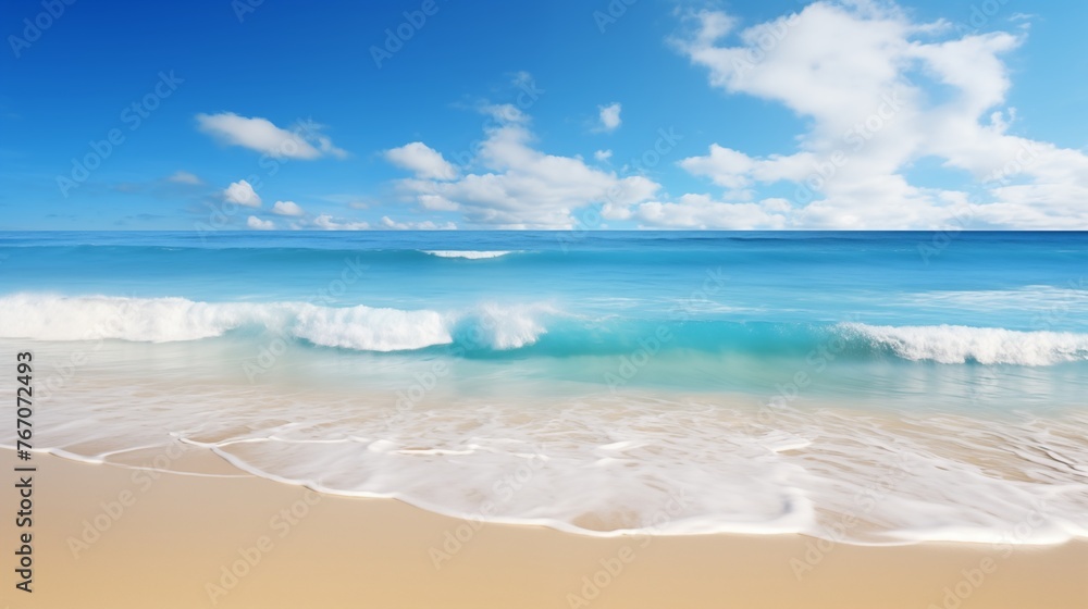 A sun-kissed beach with golden sand, azure waves gently lapping the shore under a clear blue sky