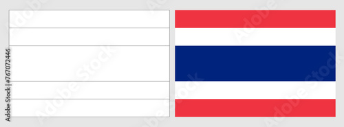 Thailand flag - coloring page. Set of white wireframe thin black outline flag and original colored flag.
