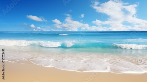 A sun-kissed beach with golden sand  azure waves gently lapping the shore under a clear blue sky