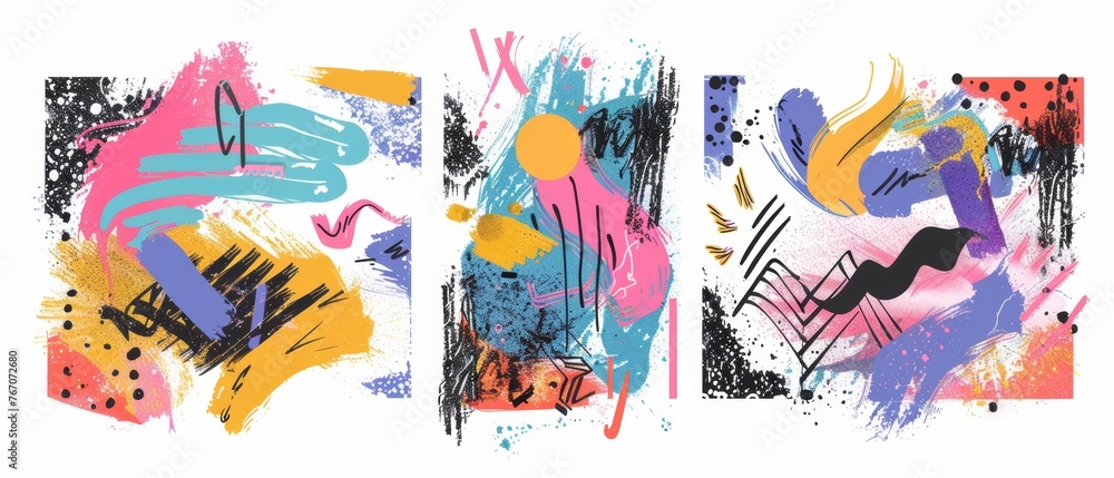 A colorful stencil set of urban graffiti sprays isolated on white. Modern sprayed paint shapes with smudges and drops. Graffiti template with splashes and flowing lines.