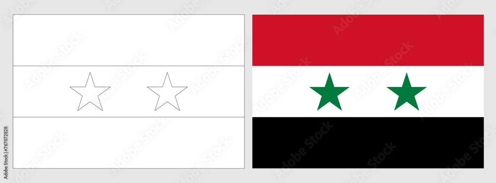 Syria flag - coloring page. Set of white wireframe thin black outline flag and original colored flag. Syria flag - coloring page. Set of white wireframe thin black outline flag and original colored flag.