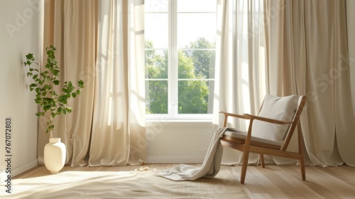 Beige curtains fluttering in the wind against the background of a room window.