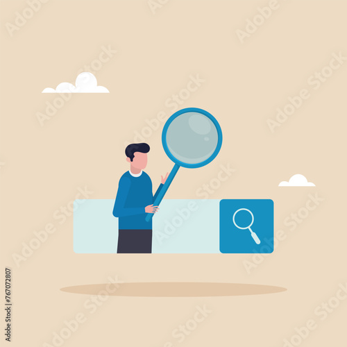 Websites concept, businessman with magnifying glass opens new websites from search box. Discovery or research, SEO, information search, new job.
