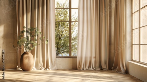 Beige curtains fluttering in the wind against the background of a room window.