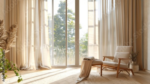 Beige curtains fluttering in the wind against the background of a room window.