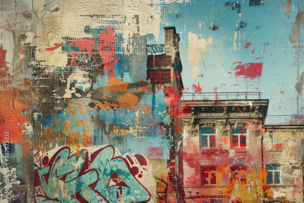 Fototapeta premium Urban vintage wall art with grunge texture and colorful graffiti