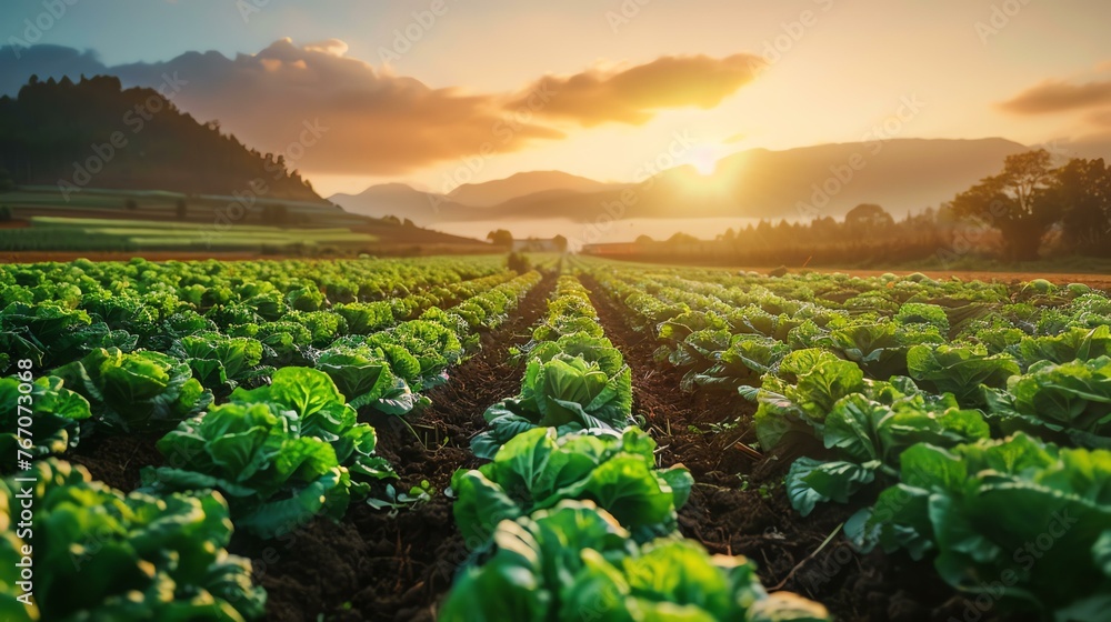 Rows of lettuce in a field at sunset. The sun is setting behind the mountains in the distance. The lettuce is green and lush.