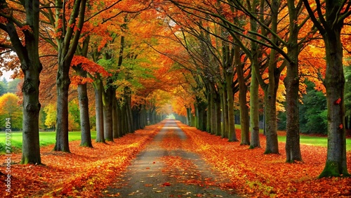 Autumn road in the park with colorful trees and fallen leaves.