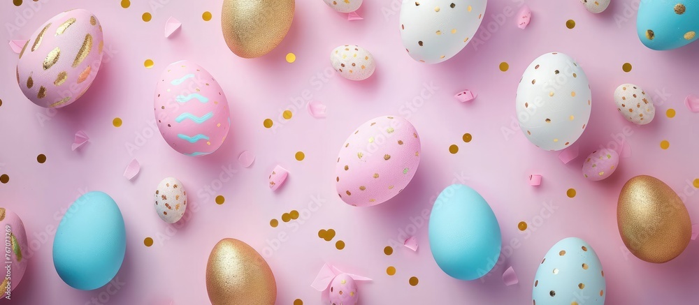 The lightbox features a trendy text frame saying "Happy Easter," surrounded by pink, blue, white, gold, and yellow eggs scattered around. A top-down view of colorful Easter eggs with space for text. - obrazy, fototapety, plakaty 