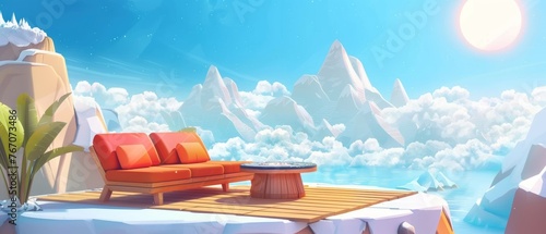 Wooden terrace with sofa and table viewed across rocky snowy mountain peaks against blue sky with sun. Cartoon modern high house or hotel penthouse with wooden patio or balcony.