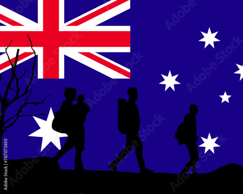 Immigration and refugees front of Australia flag, immigrant and refugee concept