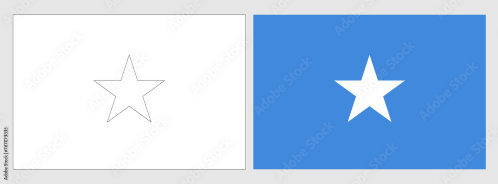 Somalia flag - coloring page. Set of white wireframe thin black outline flag and original colored flag. Somalia flag - coloring page. Set of white wireframe thin black outline flag and original colored flag.