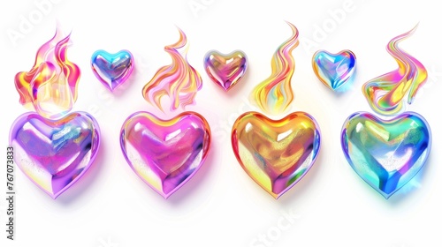 Iridescent chrome hearts with fire flame, melting, love text and rainbow gradient effect. 3d modern illustration of holographic holographic hearts without a background.