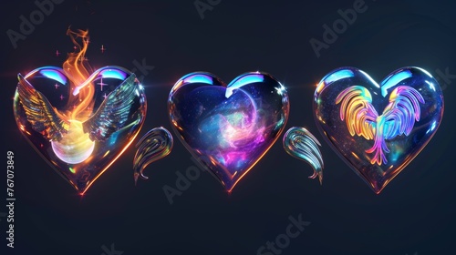 Iridescent chrome hearts with galaxy planet, stars, fire flame, angel wings and rainbow effect. 3d modern illustration in Y2K style with galaxy planet, stars, fire flame, angel wings and rainbow
