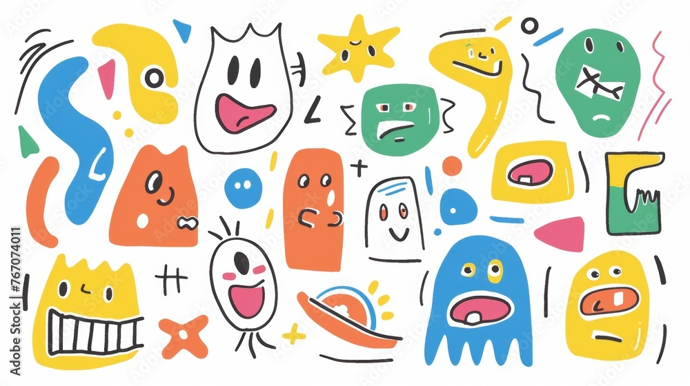 Animal characters with abstract shapes express emotions and actions in a cute way.