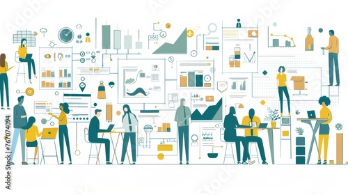 A flat design style modern illustration of business people working inside and outside a large paper layout.