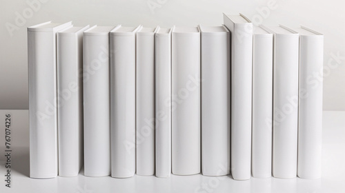 Mock-up of many book spines in various thickness and height with blank white cover on a plain gray background. New modern minimal books in edge view.