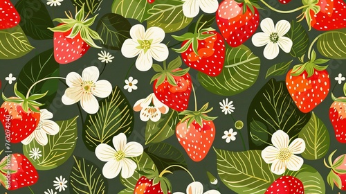 The seamless pattern design depicts strawberries and flowers along with berry leaves and repeating nature textures. Modern illustration suitable for wallpaper, wrapping, fabric, and textile photo