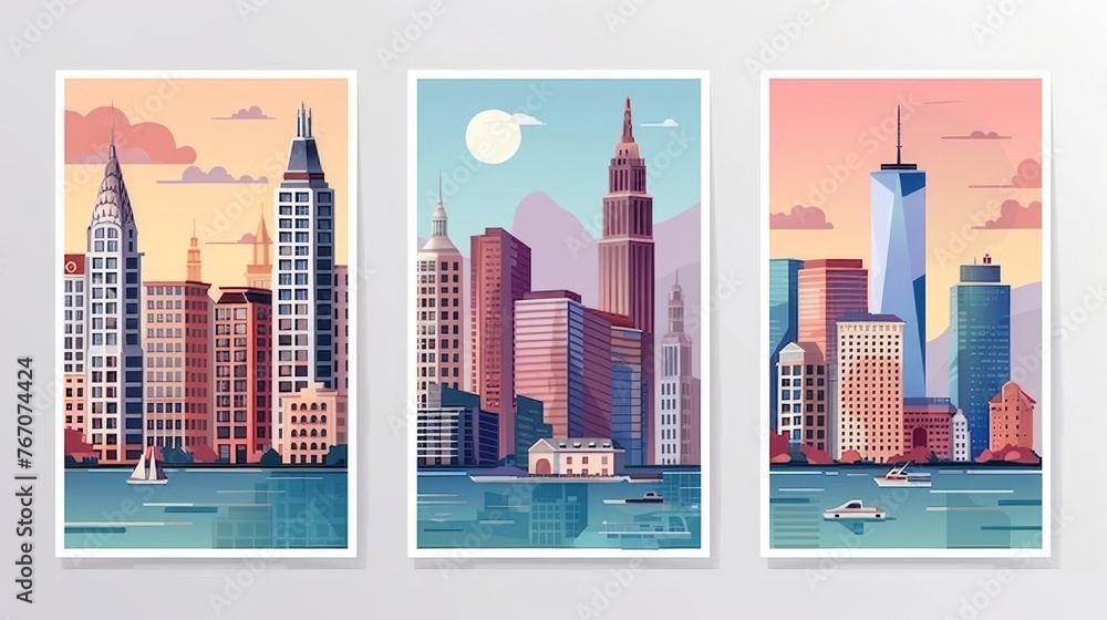Modern illustration of cityscape cards. Modern highrise skyscrapers, multi-storey towers, cityscapes. Flat modern illustrations of urban construction, houses at sea, metropolitan and seaside