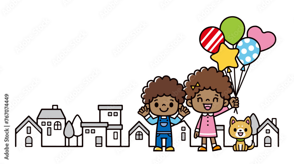Illustration of a cityscape with black children holding balloons