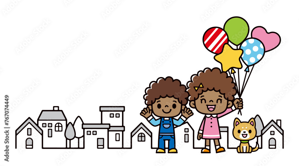 Illustration of a cityscape with black children holding balloons Illustration of a cityscape with black children holding balloons