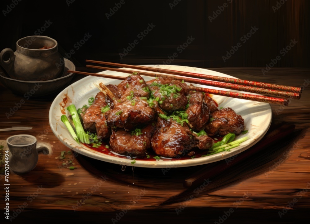 Traditional Asian braised pork dish on rustic table Traditional Asian braised pork dish on rustic table