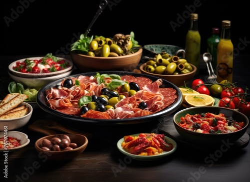 Mediterranean antipasto platter with meats and olives