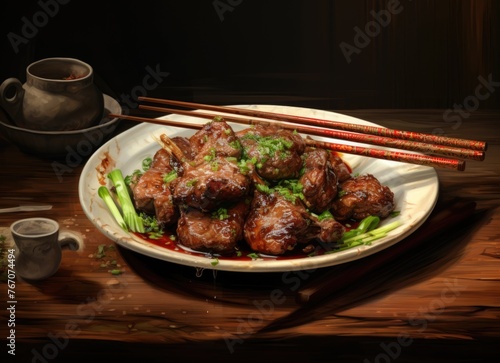 Traditional Asian braised pork dish on rustic table 