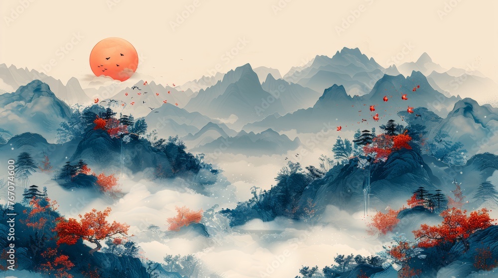 The abstract landscape offers a Japanese wave pattern modern banner. The invitation card features a line and circle element. It is designed in the vintage style with Asian traditional icon and symbol - obrazy, fototapety, plakaty 