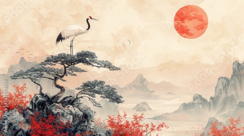 Bird cranes modern. Japanese background with bonsai tee modern. Oriental natural pattern with ocean sea decoration banner design in vintage style.