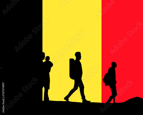 Immigration and refugees front of Belgium flag, immigrant and refugee concept