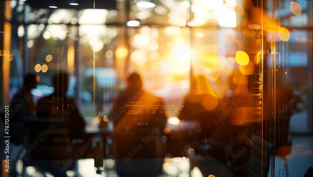 A blurred background of business people in a office meeting room, sitting around the table and discussing ideas. The focus is on their silhouettes against the glass wall behind them A blurred background of business people in a office meeting room, sitting around the table and discussing ideas. The focus is on their silhouettes against the glass wall behind them