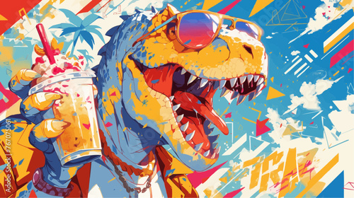 ropical T-Rex: Humanoid Dinosaur Wearing Sunglasses in Vibrant Vector Illustration photo