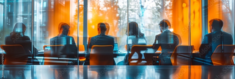 A blurred background of business people in a office meeting room, sitting around the table and discussing ideas. The focus is on their silhouettes against the glass wall behind them - obrazy, fototapety, plakaty 