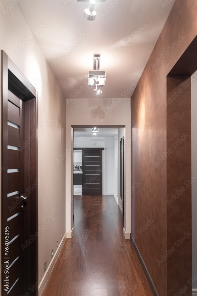 empty corridor with wooden doors to other rooms in modern house empty corridor with wooden doors to other rooms in modern house