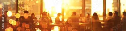 A blurred background of business people in a office meeting room, sitting around the table and discussing ideas. The focus is on their silhouettes against the glass wall behind them
