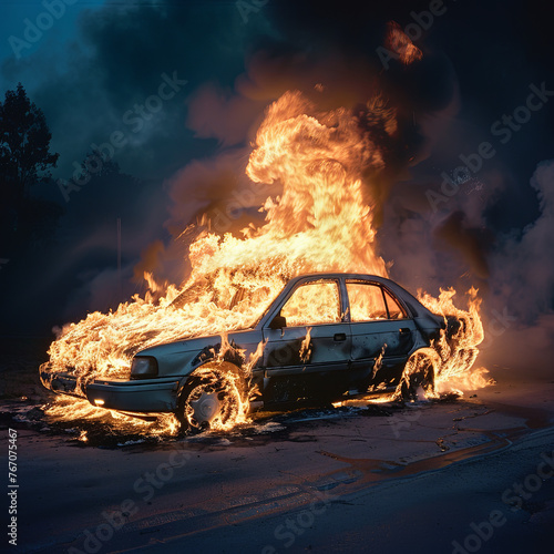 burning car in the night © Piotr