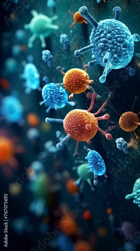 Macro shot of different types of microbes. Virus cells and bacteria on abstract background © CREATIVE STOCK