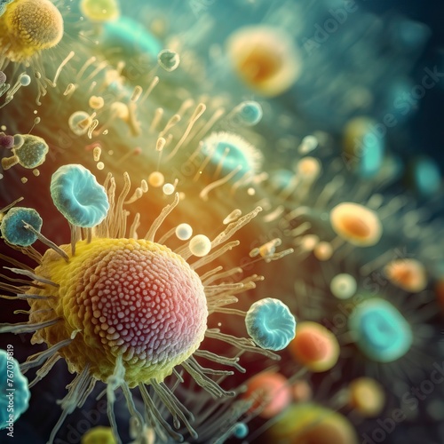 Macro shot of different types of microbes. Virus cells and bacteria on abstract background