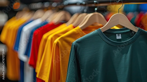 Row of colorful t-shirts on hangers in a clothing store. Retail display concept for fashion and shopping themes