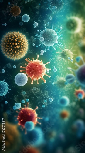 Macro shot of different types of microbes. Virus cells and bacteria on abstract background
