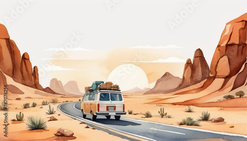 road trip adventure on big road in desert with brown rocks illustration