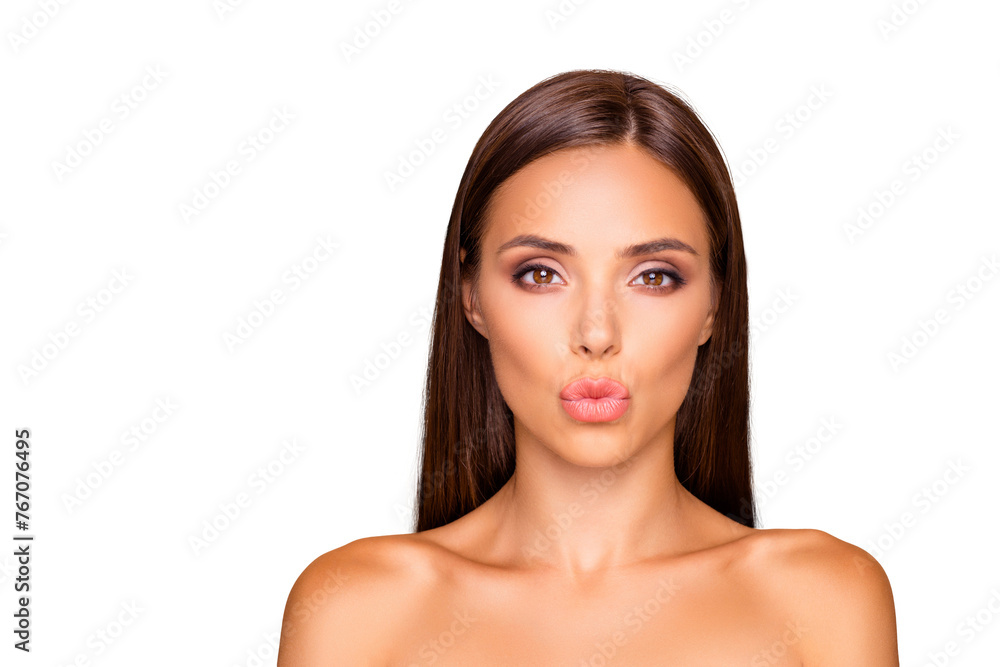 Adorable charming brunette hair lady with her naked shoulders she send kiss look at camera isolated on pastel beige background with copy space for text Adorable charming brunette hair lady with her naked shoulders she send kiss look at camera isolated on pastel beige background with copy space for text